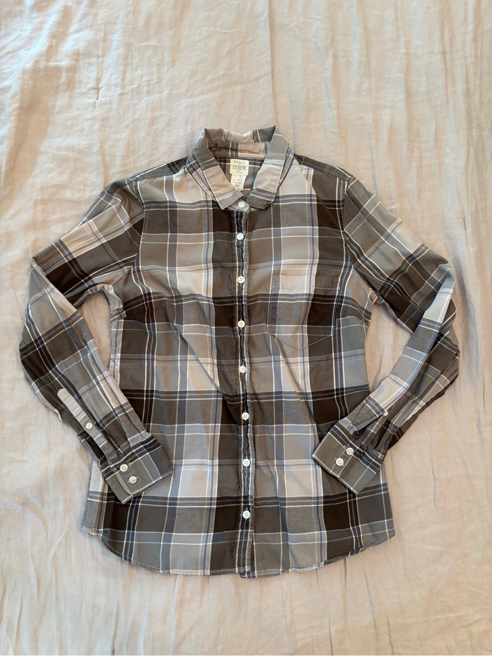 J. Crew Plaid Button-Down Shirt in Brown, Cream and Blue / Size Small